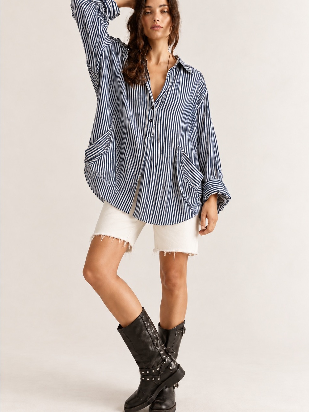 Free People FP One Navy White Striped Oversized Tunic Shirt XS NWT